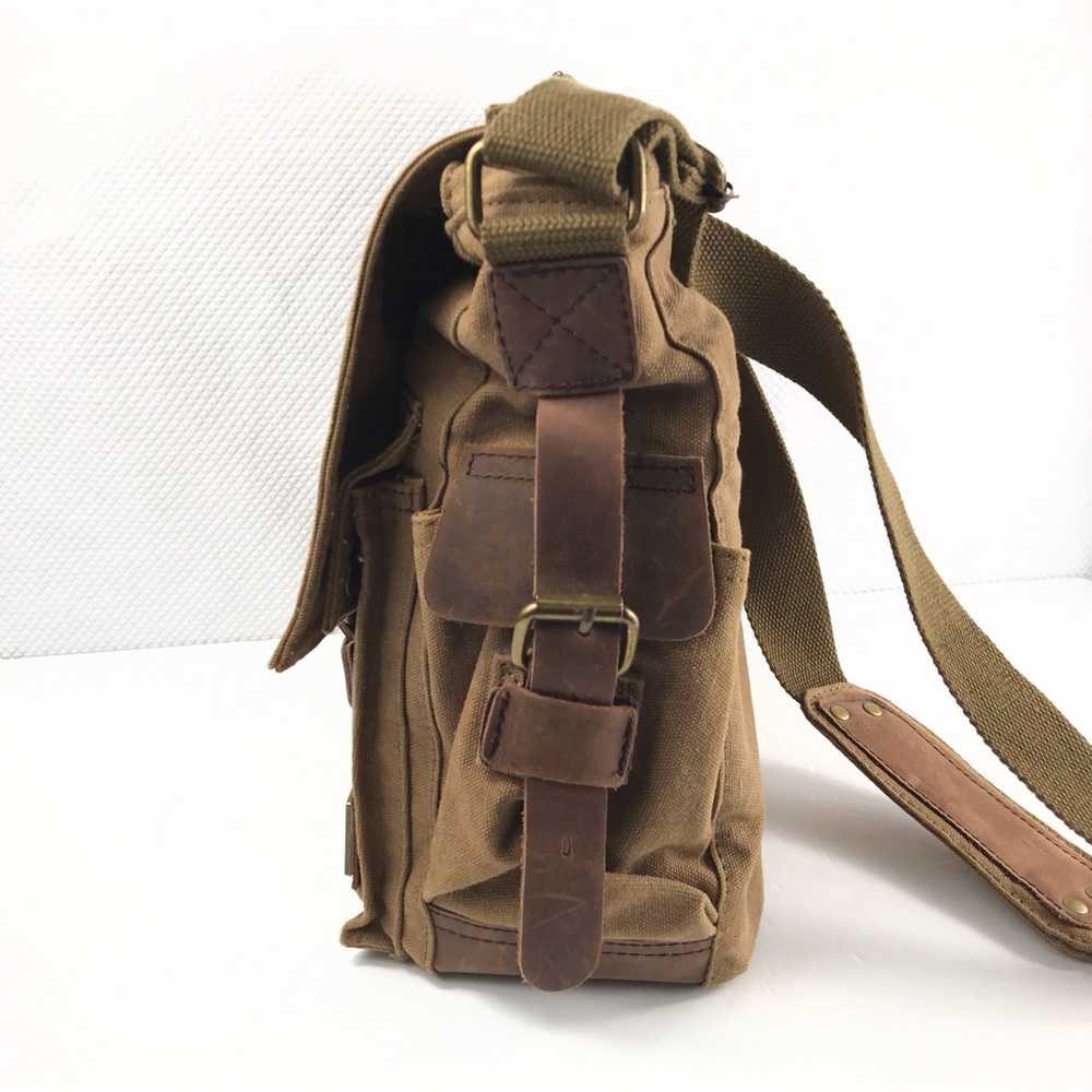 S.C.COTTON Leather and Khaki Canvas Messenger Laptop Office Bag - Picture 4 of 11